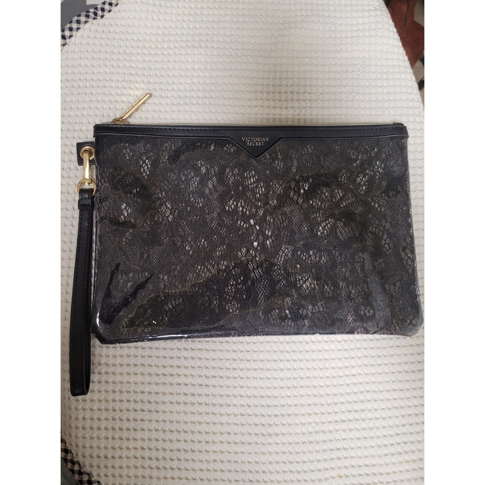 Victoria's Secret Black Lace Clear Goth Wristlet Clutch Bag Gold Hardware